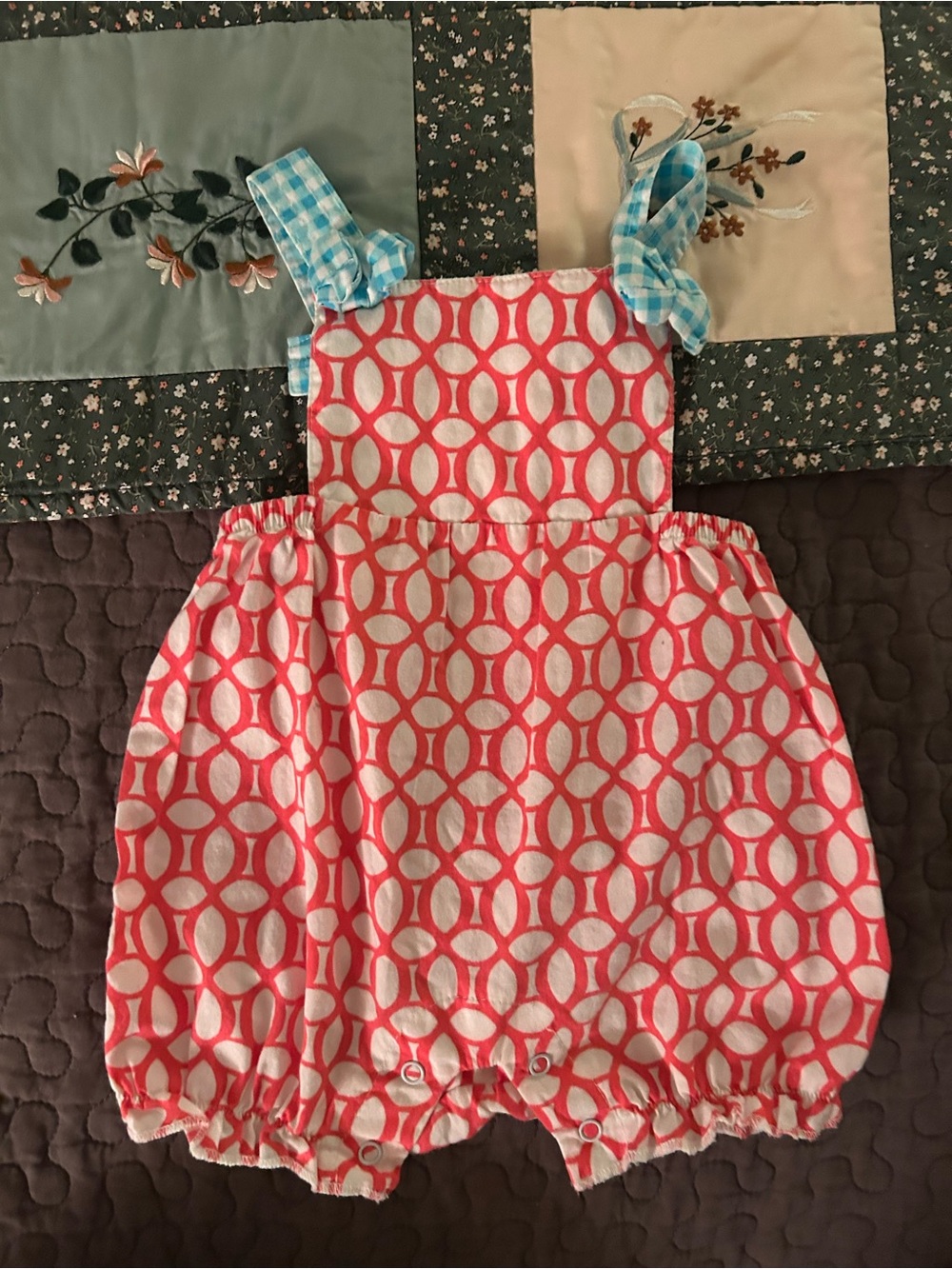 Nursery Rhyme Coral and White Geometric Bubble Romper with Blue Gingham Trim